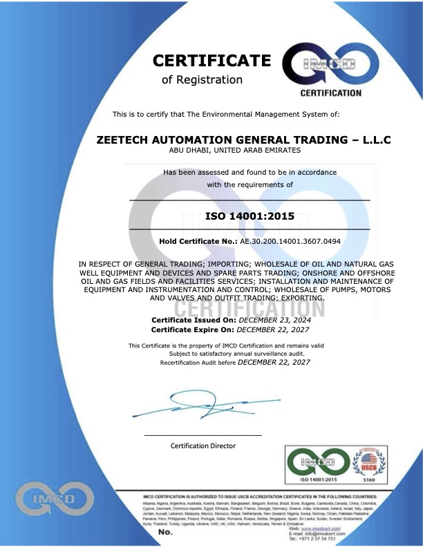ZEETECH EMIRATES ISO Certificate - 14001 2015